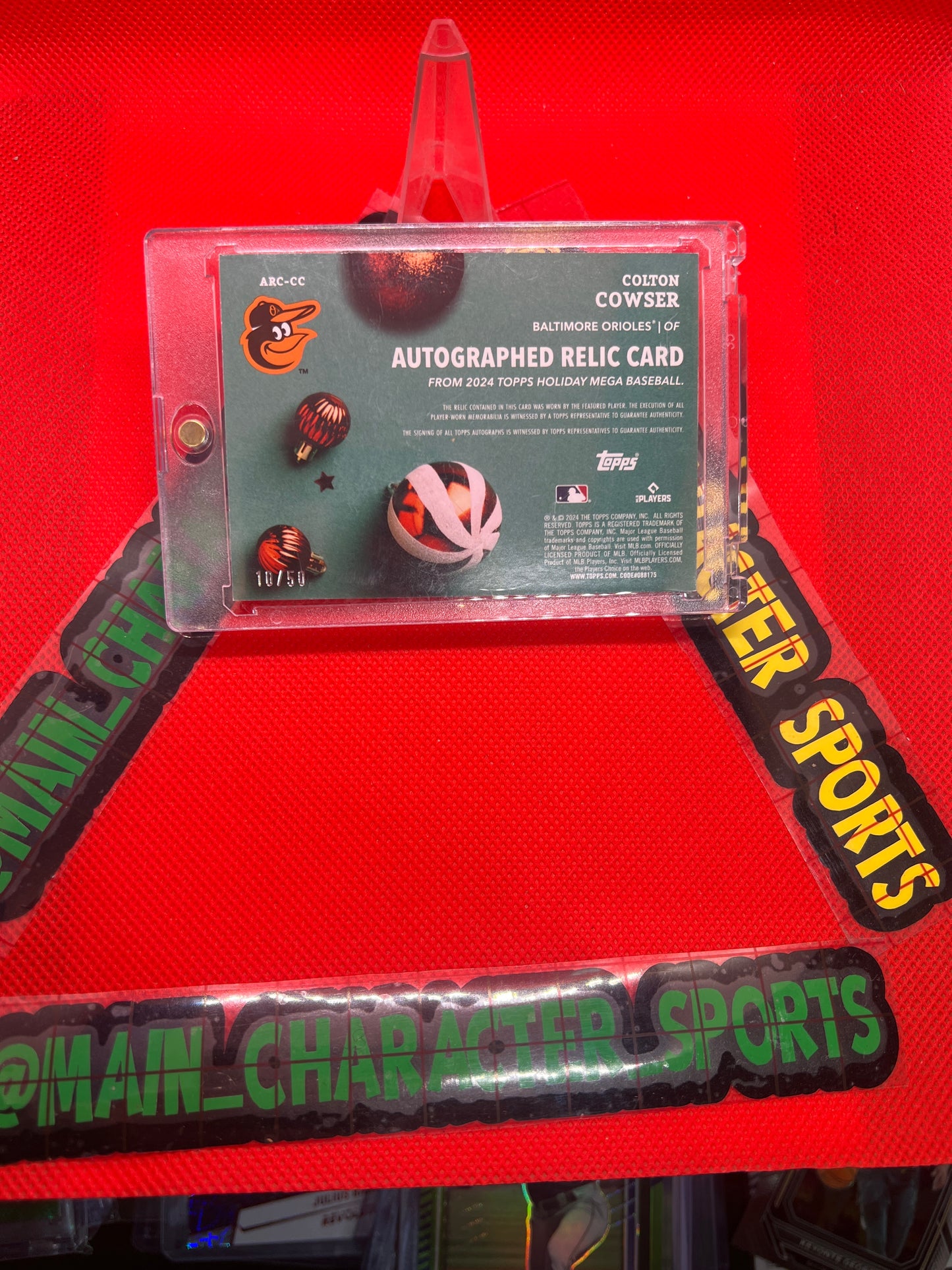 Colton Cowser Topps Holiday Series- Rookie Autographed card with game used memorabilia patch 10/50